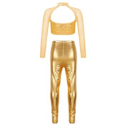 Children Girls Jazz Hip Hop Street Dance Stage Performance Outfit Long Sleeve Hollow Out Sequin Crop Top with Leggings Dancewear