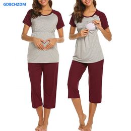 New 2PCS Breast Feeding Nightwear Women Maternity Short Sleeve Nursing Baby Tops T-shirt+Cropped Trousers Pajamas Set Nuisette