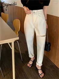 Women's Jeans Syiwidii White Ripped For Women High Waisted Korean Fashion Straight Streetwear Casual Ankle Length