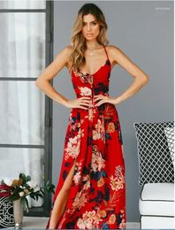 Casual Dresses WYBLZ 2024 Summer Dress Women Maxi Sexy Backless Boho Floral Print Lace-up Red Holiday Beach Party Split Long