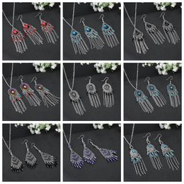 Ethnic Silver Colour Geometric Tassel Jewellery Set 2023 New Crystal Earrings Necklace Sets Vintage Boho Hanging Earings Jewellery