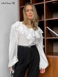 Women's Blouses White Ruffle Blouse Elegant Women Sheers Chiffon Shirts Lantern Sleeve Frill Top Chic Cascading Female