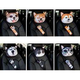 1PCS Car Headrest Pillow Seat Belts Cover Padding 3D Printed Dog Cat Face Cute Neck Rest Auto Neck Safety Cushion
