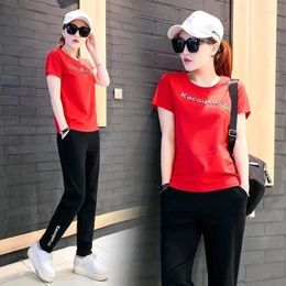 Women's Two Piece Pants Casual Sports Suit Spring Summer Korean Style Loose Short Sleeve Top And Set Student Running Outfits