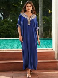 Basic Casual Dresses Blue Fashion Womens Chic Embroidered Kaftan Long Dress For Women 2024 Summer Bathrobe Beach Wear Moo Dresses Outfit Q1622 L49