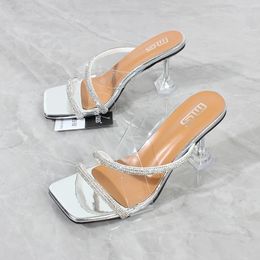 Sandali ad alto tacco da donna estate cintura di strass cinghia trasparente tacco a ferro di cavallo pantofole festa di moda sandali 7,5 cm 240329
