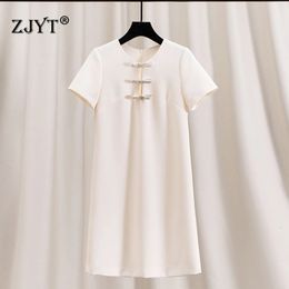 ZJYT Runway Summer Dresses for Women Elegant Short Sleeve Beading Bowknot Simple Black Dress Casual Party Loose Waist Vestidos 240411