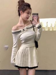 Work Dresses Korean Slash Neck Bow Knit Sweater Pleated Skirt Two-piece Set Women Fashion Collarbone Bright Line Slim Spicy Winter Lady Suit