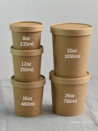 50pcs High Quality Kraft Paper Round Soup Bowl Soup Bucket Disposable Lunch Box Takeaway Snack Food Fruit Salad Packing Cups