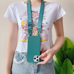 Matte Soft Silicone Crossbody Necklace Cases For iPhone 15 14 13 11 12 Pro Max Mini XR XS 15 Plus Shockproof Lanyard Cover Shell