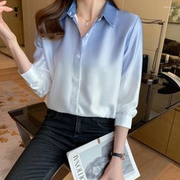 Women's Blouses Fall 2024 Gradient Shirts Button Up Long Sleeve Shirt Women Fashion Polo Neck Ladies Tops Blouse Basic OL Clothing Woman