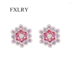 Stud Earrings FXLRY High Quality Fashion Blooming Flower Blue Cubic Zircon Big Fancy Geometric For Women Jewelry