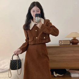 Two Piece Dress Elegant Spring And Autumn Style High-End Feel Corduroy Retro Top Half-Length Skirt Two-Piece Set For Women Female Girl