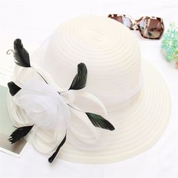 Big Flower Summer Sun Hat For Women Luxury Feather Blue Pink Bucket Hat Organza Ladies Beach Hat For Female Solid Feather Cap