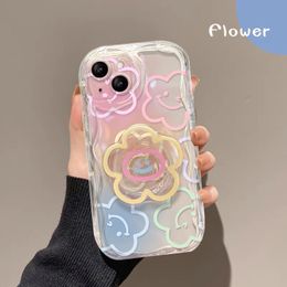 Phone Case For Samsung Galaxy S20 FE S21 Plus S23 Ultra A13 4G A73 5G J7 J2 Prime G530 Wavy TPU Smile Flower Grip Holder Cover