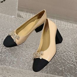 2024 Autumn New Metal Bow Mary Jane Shoes Women's Small Fragrant Round Head Colour Block Fashion Versatile High Heels