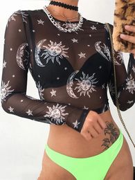 Women Sexy Harajuku Mesh Tops Long Sleeve See Through T Shirt Transparent Sun Moon Star Print Tshirt Femininas Clubwear 240403