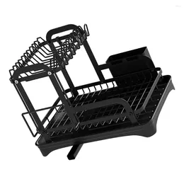 Kitchen Storage 2 Tier Dish Rack Chopstick Holder Bowl Draining Shelf Cutting Board 360-Degree Retractable Drain For Counter