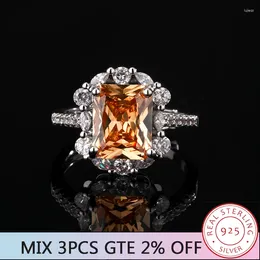 Cluster Rings Gorgeous Euro-American Style Champagne Sparkling Full Diamond Zircon Stylish 925 Sterling Silver Banquet Party Ladies Jewelry