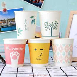 Disposable Cups Straws 100pcs/pack 9oz Cute Cartoon Thickened Paper Cup Home Wedding Party Drinking Water Supplies