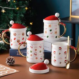 Mugs Christmas Ceramic Mug Cute Santa Claus Gingerbread Man Printing Coffee With Lid Spoon Drinking Cup Drinkware Year Gift