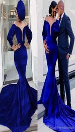 Cheap African Royal Blue Mermaid Evening Dresses Long Sleeves Deep V Neck Off Shoulder Court Train Formal Dress Evening Gowns Vest2818978