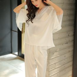 White Solid 2PCS Pajamas Set Lace Patchwork Sleep Suit Satin Silky Pyjamas Suit Female Loose Sleepwear Sexy V-neck Home Clothes