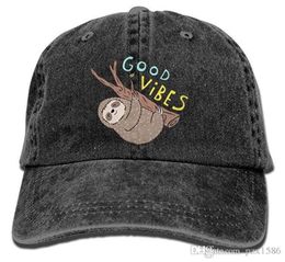 pzx Unisex Adult Good Vibes Funny Sloth Dyed Washed Cotton Denim Baseball Cap Hat3548680