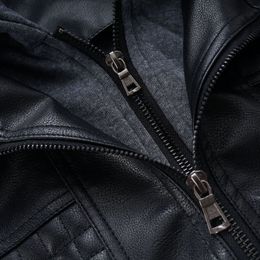 Men Faux Leather Jacket Vintage Hooded Fake Two Pieces Motorcycle Biker Jackets Casual Stand Collar Fleece Waterproof Coat Fall
