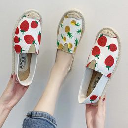 Casual Shoes Korean Designer Pineapple Espadrilles Flats Women Round Toe Straw Fisherman Canvas Woman Strawberry Print Loafers Y957