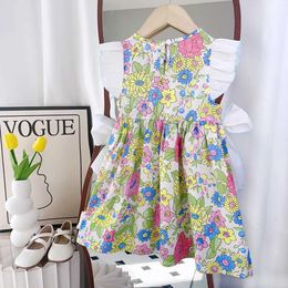 Girl's Dresses Girls Dress 2024 Summer New Girls Round Neck Flower Print Flying Sleeve Bow Tie Dress Childrens Print Dress