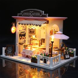 DIY Miniature Wooden Dollhouse Kit Chocolate Shop Doll House Coffee Store Casa With Furniture Toys for Friends Birthday Gifts