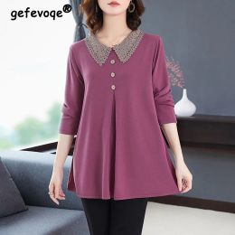 Dresses Women Long Sleeve Blouse Lace O Neck Loose Ladies Tops Casual Autumn Spring Basic Tee Shirt Solid Colour 2022 New Button Tunic