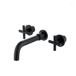 Bathroom Sink Faucets Solid Brass Wall Mount Double Handle Faucet Matte Black Basin Mixer Tap (12.6 Inches)