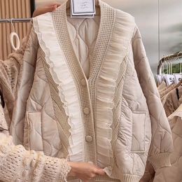 KUSAHIKI Chic Ruffle Knitted Patchwork Women Parkas Autumn Winter Causal Long Sleeve V-neck Jacket 2023 Sweet Korean Parka Coat
