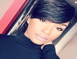 Short Pixie cut Black Women Human Hair Straight Bob Wigs with Bangs None Lace Wigs Full machine made6962644