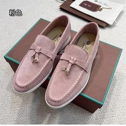 LP piano Summer Walk Charms embellished suede slippers Mules Closed toes shoes Genuine leather casual slip on flats for women Luxury Designers shoe factory Y6