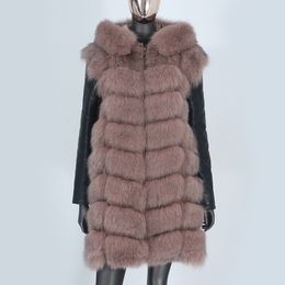 FURYOURSELF Women Real Fur Coat 2023 Brand Long Winter Jacket Natural Fox Fur Hooded Genuine Leather Sleeve Outerwear Streetwear