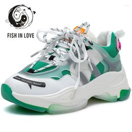 Fitness Shoes FISH IN LOVE Genuine Leather Women's Mesh Breathable Platform Sneakers 2024 Famale Chunky Ladies Trainers Footwear GY81