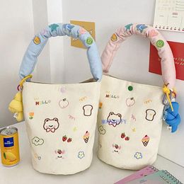 Storage Bags 2024 Bucket Bag Cartoon Embroidered Canvas Lunch Box Handbag Soft Cosmeisure Fashion Gift Women's Bagetic Summer