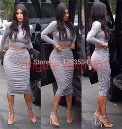 WholeSexy Kim Kardashian Grey Two Piece Pencil Dress Crop Top Dress Set Bodycon Dress Celebrity Dresses TCD0546512536