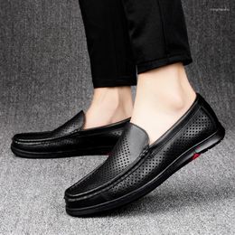 Casual Shoes 2024 Men Black Hollowed Out Leather Brand Summer Genuine Mens Loafers Moccasins Breathable Slip On Driving