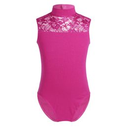 Kids Girls Team Basic Leotard Turtle Neck Lace Back Gymnastic Ballet Dance Leotard Tops Dancewear Yoga Skating Sports Costume