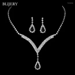 Necklace Earrings Set BLIJERY Silver Plated V Shaped Bridal Black Crystal Teardrop Party Wedding For Women