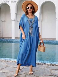 Basic Casual Dresses Chic Blue O-Neck Embroider Beach Kaftan Dresses For Women Beachwear 2024 Summer Autumn Retro Robe Loose House Dress Q1585 L49