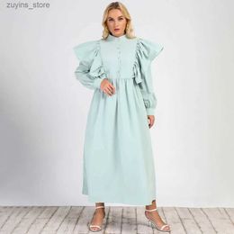Basic Casual Dresses Plus Size Women Long Dress Elegant Robes Solid Colour Button O Neck Ruffles Long Sleeve Vintage Dress Loose Fall Clothes L49