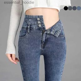 Women's Jeans High quality new retro high waisted elastic tight fitting jeans womens fashionable elastic button pencil pants moms casual jeans C240411