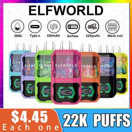 New Elfworld AI 22000 Puffs E Cigarettes Starter Kit 22K Big Vaporizers Disposable Vape Mesh Coil LED Lights 650mAh Rechargeable Battery 26ml Prefilled Pods