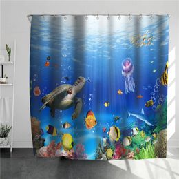 Ocean Beach Shower Curtains Island Sailboat Starfish Sea Turtle Fish Underwater Scenery Bath Curtain Fabric Bathroom Decor Hooks