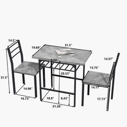 Modern 3 Piece Dining Table Set with 2 Chairs for Dining Room, Black Frame and Printed Grey Marble Finish, Sturdy and Durable